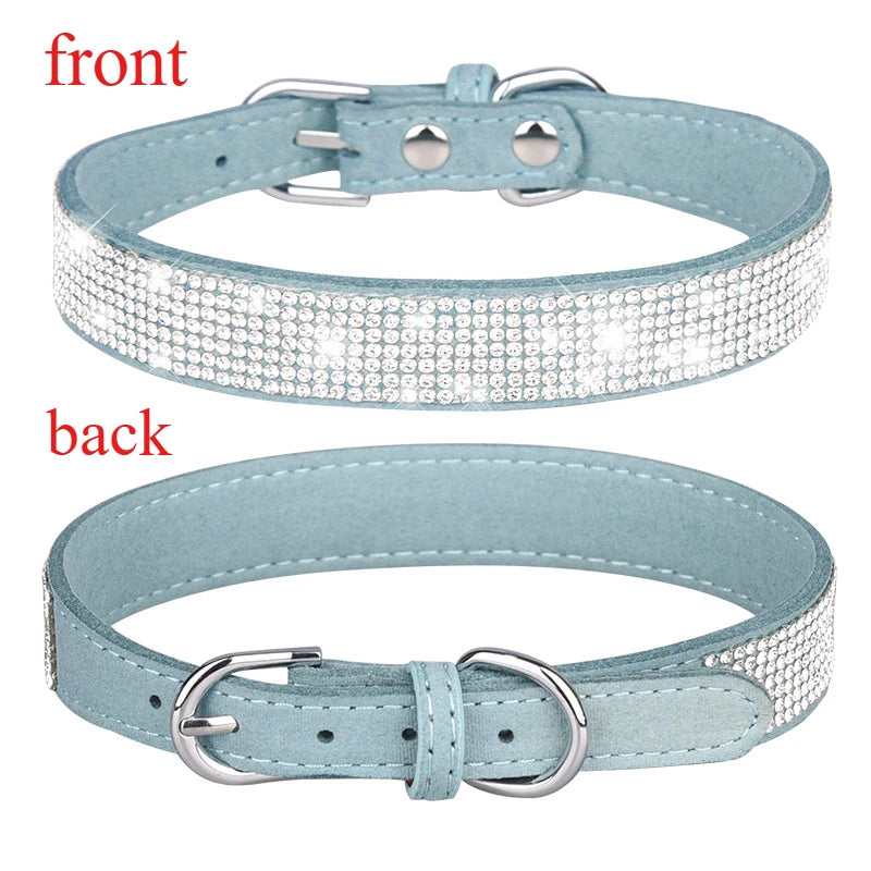 Suede Fiber Crystal Dog Collar, Comfortable Glitter Rhinestone Pet Collar with Zinc Alloy Buckle for Small Dogs and Cats (XXS-XL)