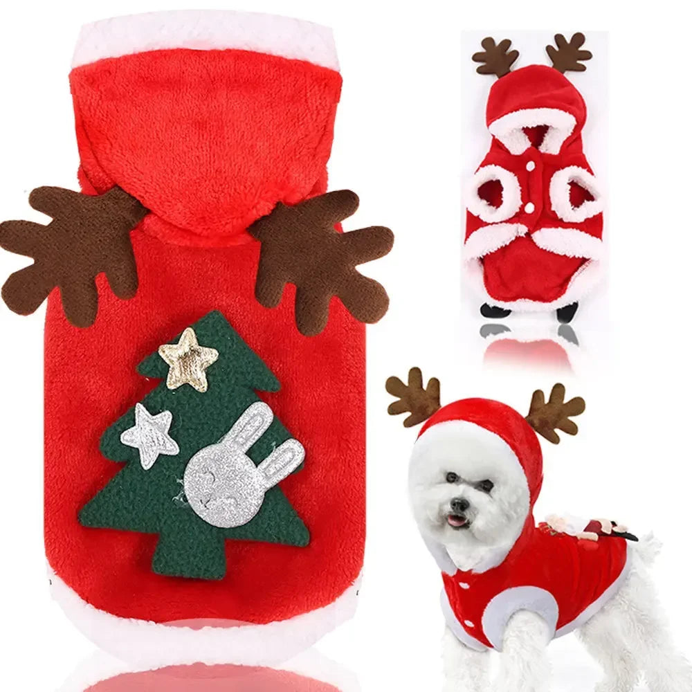 Christmas Dog Clothes Winter Warm Elk and Santa Dog Coat Hoodie for Small and Medium Dogs and Cats, Holiday Pet Costume Clothing