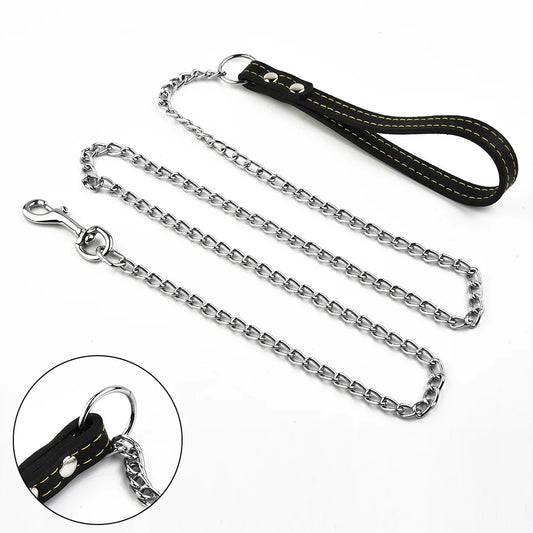 Metal Chain Dog Leash with Leather-Style Handle, Durable Strong Control Lead for Dogs, Pet Collars and Harness Accessories