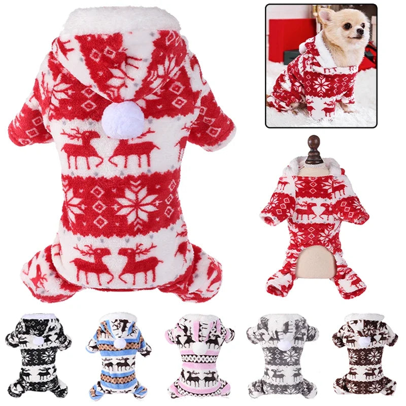 Winter Dog Christmas Jumpsuit, Warm Plush Pet Pajamas for Small and Medium Dogs and Cats, Puppy Overalls Onesie for Yorkie and Chihuahua