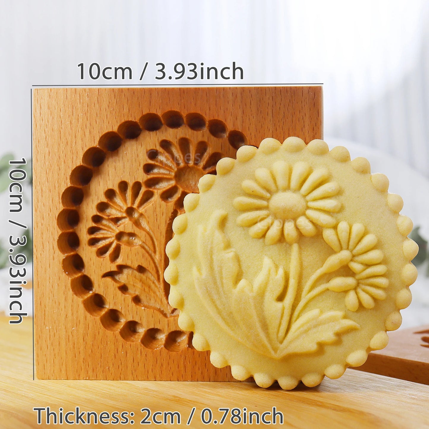 Wooden 3D Cookie Mold with Flower Patterns, DIY Carved Embossed Cookie Cutter for Baking Fondant, Cake, and Biscuits