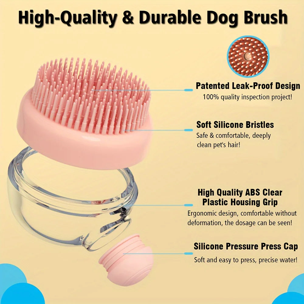 Dog Bath Brush with Soap Dispenser, Silicone Bristle Pet Grooming Shampoo Brush for Cats and Dogs, Massage Bathing Tool for Short and Long Haired Pets