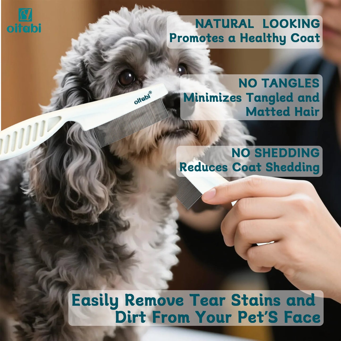 Flea and Lice Comb for Dogs and Cats, Professional Pet Grooming Comb with Rounded Teeth, Tear Stain Remover Brush and Dematting Tool