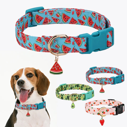 Fruit Pattern Pet Dog Collar with Metal Fruit Pendant, Adjustable Nylon Collar for Small Dogs, Puppies and Cats