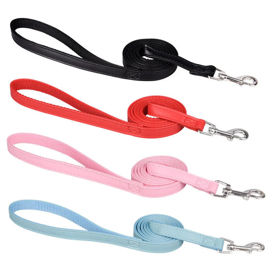 120cm Pet Leash, PU Leather and Padded Nylon Dog Training Rope Lead for Dogs and Cats, Walking Leash for Puppies, Available in Blue, Black, Red, and Pink