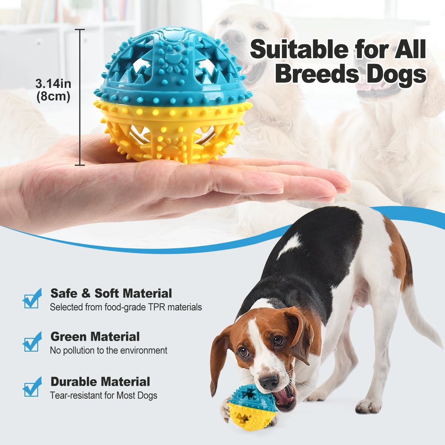 Dog Chew Treat Ball, Food Dispensing Pet Toy for Teeth Cleaning and Grinding, Rubber Treat Feeder for Dogs and Cats