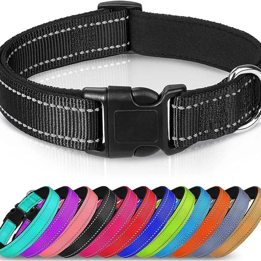 Reflective Dog Collar, Sturdy Adjustable Nylon Pet Collar with Soft Neoprene Padding for Medium and Large Dogs