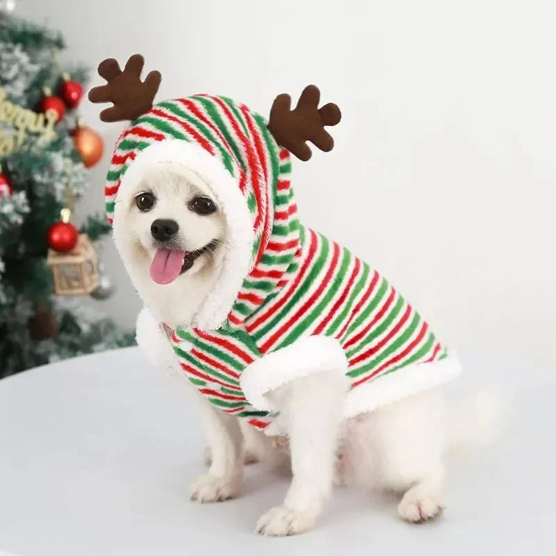 Christmas Dog Clothes Winter Warm Elk and Santa Dog Coat Hoodie for Small and Medium Dogs and Cats, Holiday Pet Costume Clothing