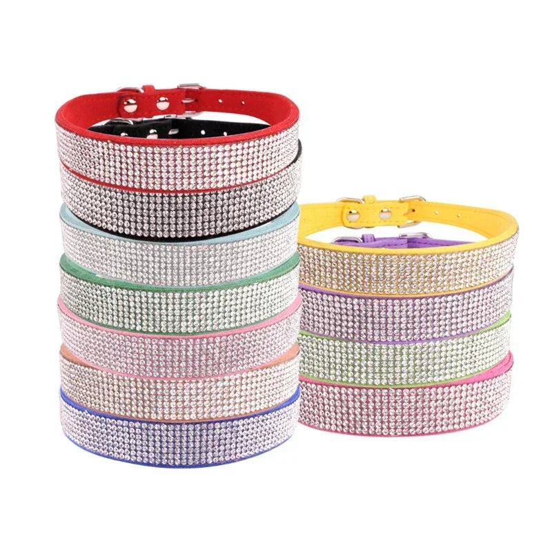 Suede Fiber Crystal Dog Collar, Comfortable Glitter Rhinestone Pet Collar with Zinc Alloy Buckle for Small Dogs and Cats (XXS-XL)